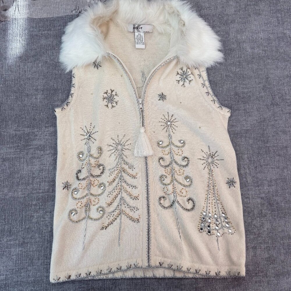 Christmas Holiday Beaded Sequin Sweater Vest Cream White Tree Fur Collar VTG